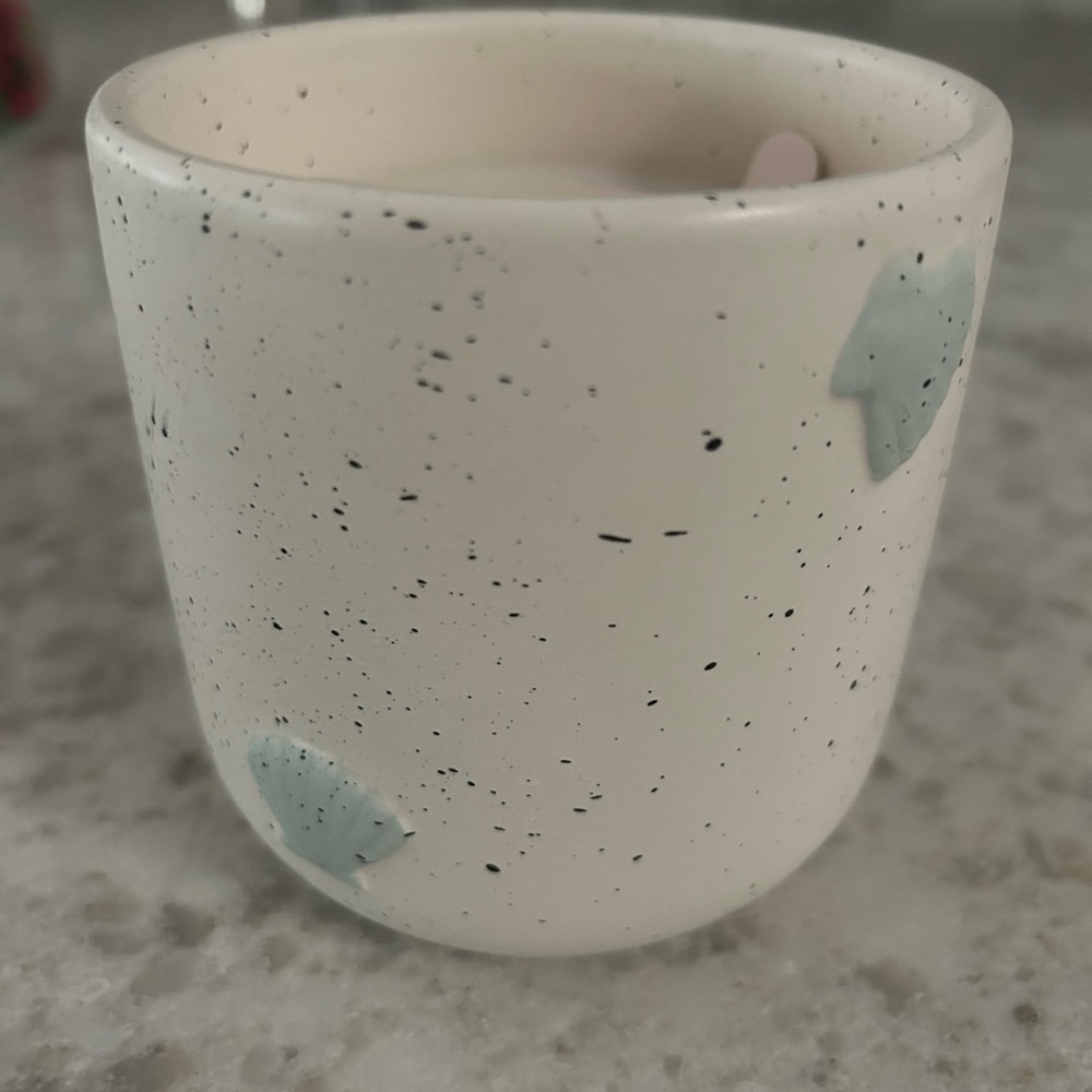 “New” DW Home Speckled Candle with Pale Blue Accents 13.3 oz with wood wick